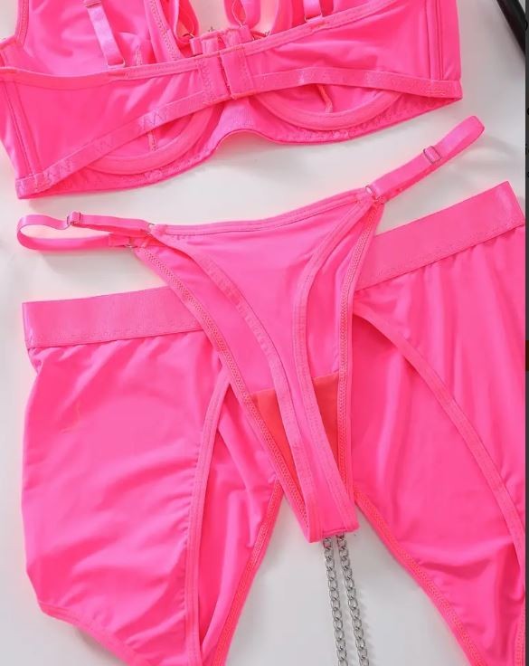 HOT! trendy lingerie 5-piece set soft silky feel satin chain detail women sissy