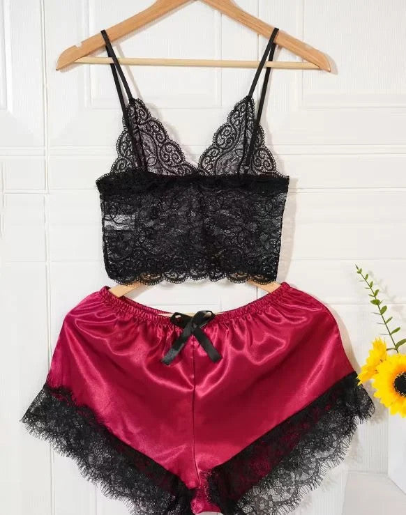 Silky feel deep red satin black lace trim 4 piece lingerie set size 20 (2XL)