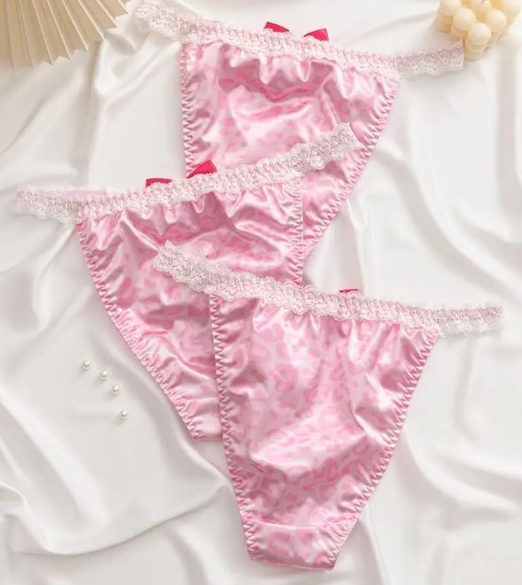 Stunning women's soft silky feel satin knickers tanga lace trim panties pink