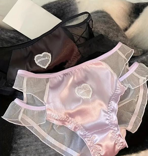 3 Pack Women's stunning satin / mesh knickers heart detail lace trim sissy CD TV
