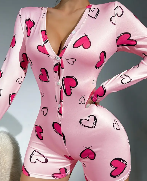 V neck heart print soft feel romper playsuit long sleeve polyester PJ