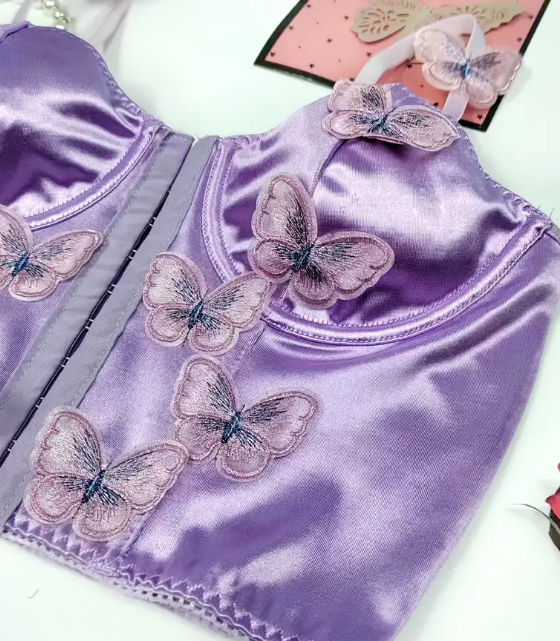 Sexy lilac corset with butterfly detail adjustable straps silky feel sissy CD TV