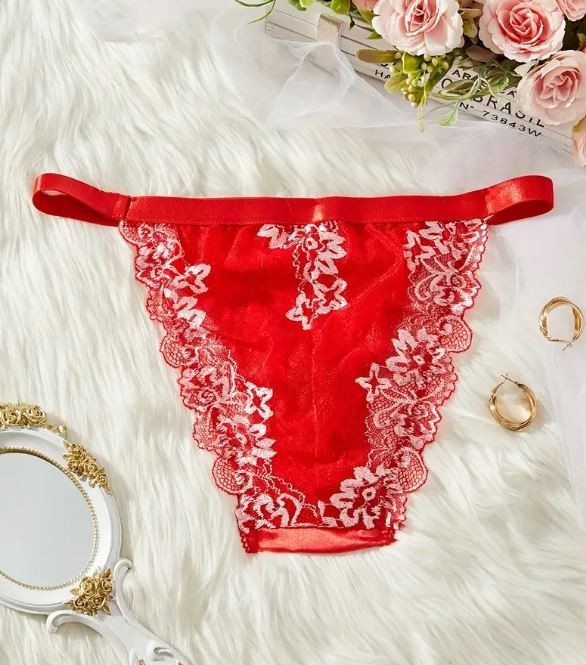 Women's red silky feel satin tanga panties knickers mesh lace sissy size 10 (M)