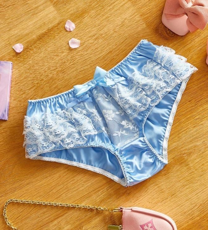 Women's silky feel satin blue panties knickers lace ruffles sissy size 8 (S)