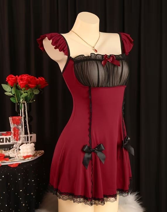 Size 12-14 Sexy burgundy Maid Lingerie nightie Dress Lace Outfit L cosplay sissy