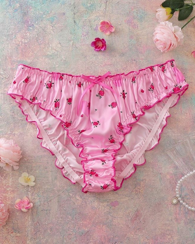 Pink Satin Ruffle silky feel Panties Floral Lingerie Briefs plus size 22 - 3 XL