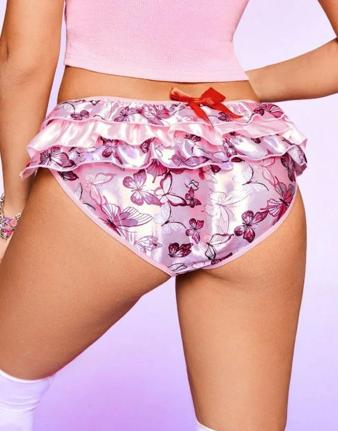pink soft silky feel satin panties knickers sissy butterflies print size 10 (M)