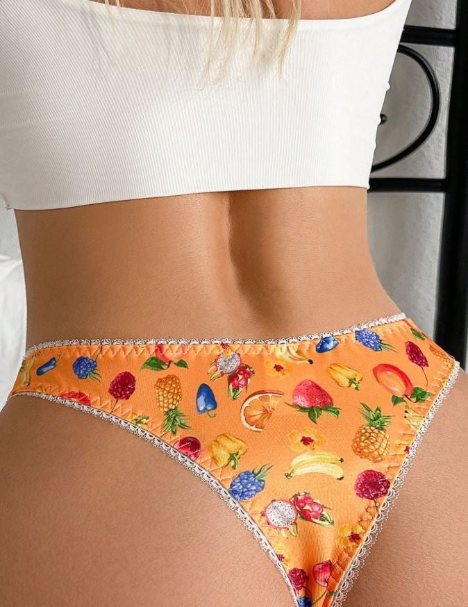 Orange soft silky feel satin panties thongs tropical fruits print size 8 (S)