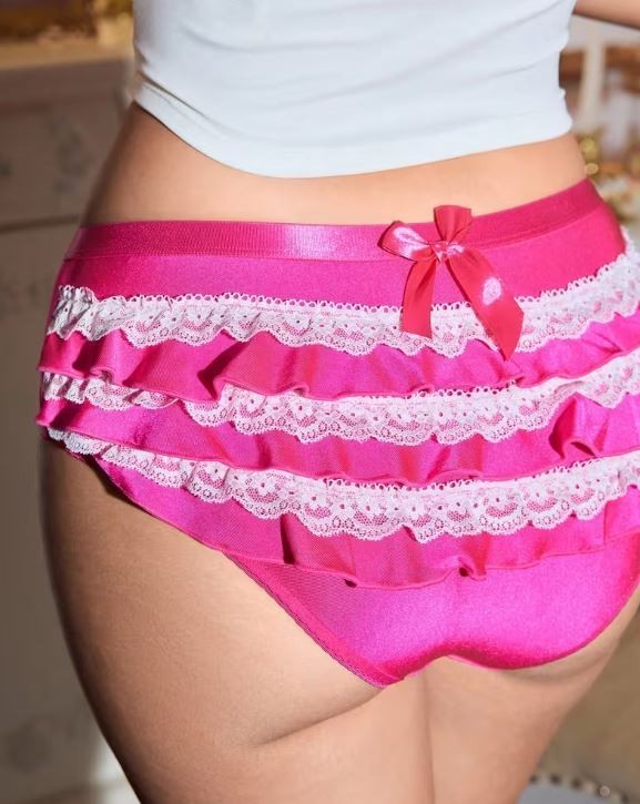 Women’s Hot Pink Satin Ruffle Knickers Lace Trim Bow Detail sissy size M 10