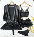 Silky feel black satin black lace trim 4 piece lingerie set size 12-14 (L)