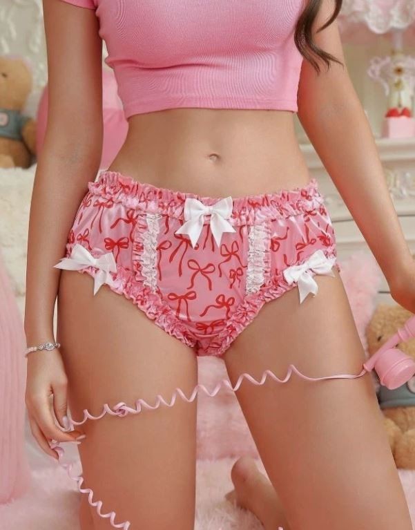 Pink Satin Bow Print Ruffle Panties silky feel Coquette knickers sissy size 10 M