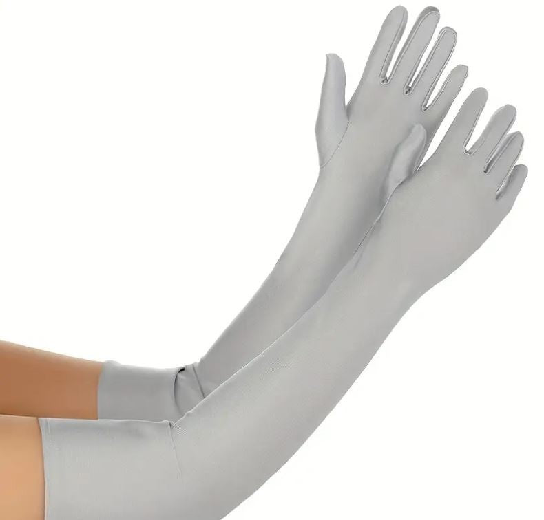 Silky feel satin gloves cosplay opera long SILVER / GREY stretchy 53cm unisex