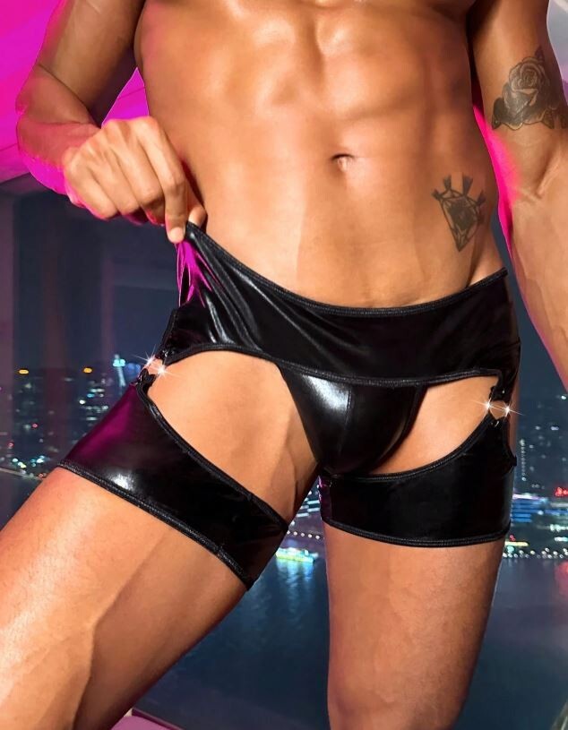 Stunning design men's black faux leather thongs & garter all in one sissy XL
