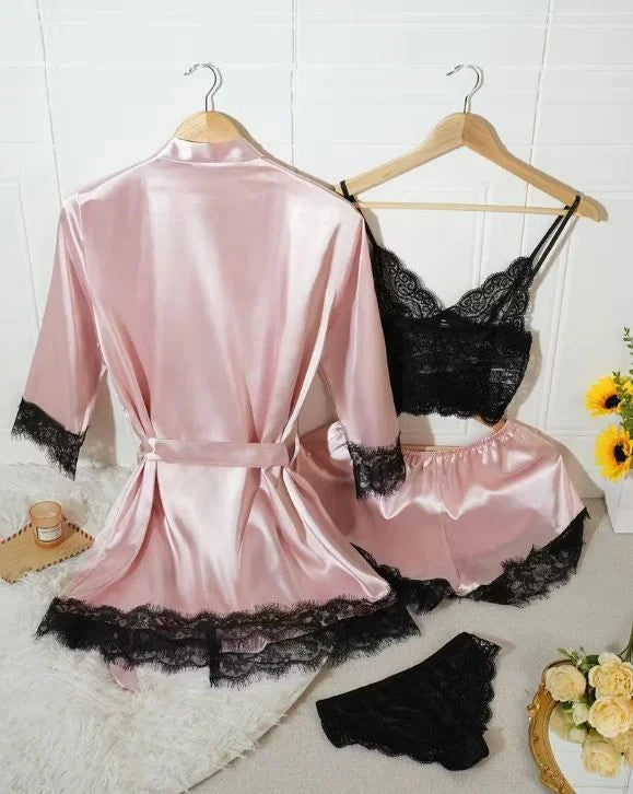 Silky feel baby pink satin black lace trim 4 piece lingerie set size 12-14 (L)