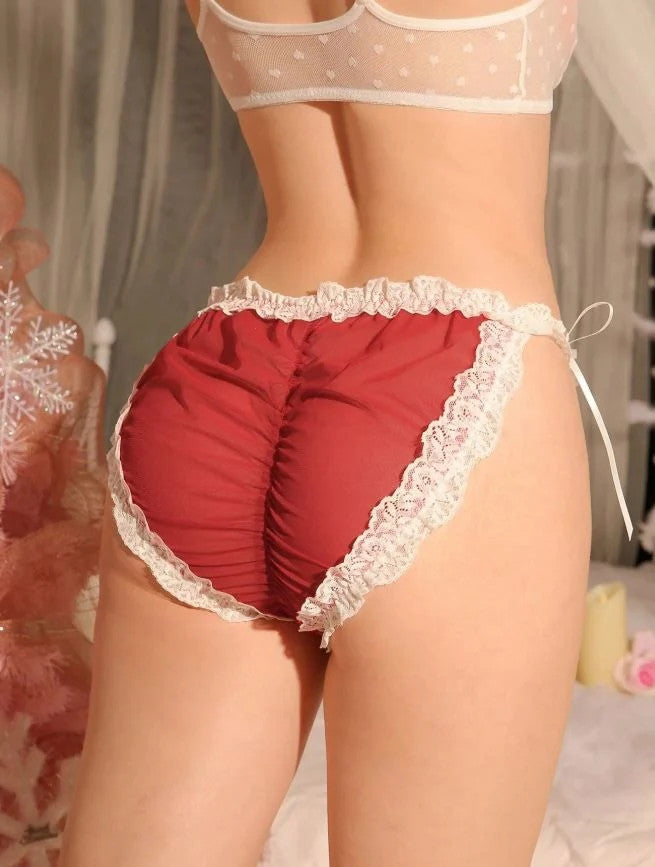 SemiSheer panties tanga knickers Red frilly lace trim satin bows size L/12-14