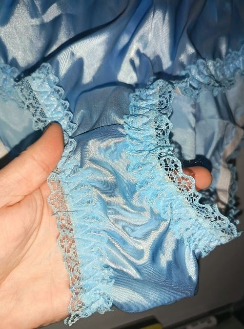 Baby blue Satin Frilly Knickers Lace Trim Vintage Style panties size M 10