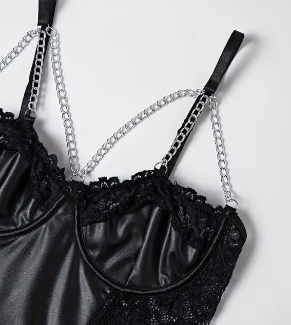 Sexy Lace & Faux Leather Bralette Chain Detail corset in black sissy CD TV