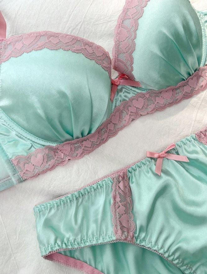Women’s Mint Green Satin Bra & Knickers Set Pink Lace Trim Lingerie size S 8