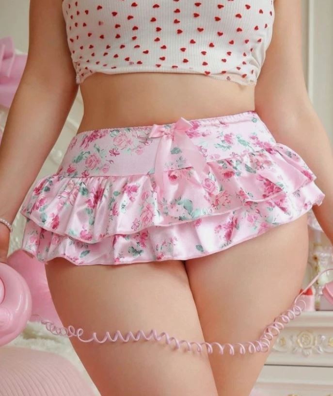 Pink Floral Frilly Knickers Skirted Panties Bow Ruffle PLUS size 4XL UK 22-24
