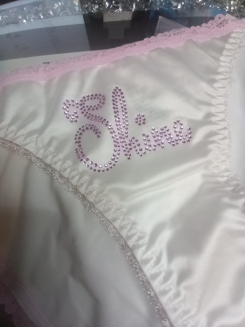 Women's white soft silky feel satin tanga panties SHINE print sissy size 10 (M)