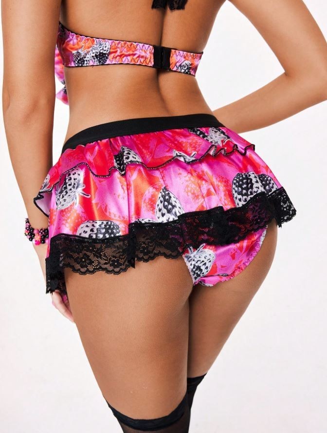 Women multilayered silky feel satin knickers fruity floral panties big bow sissy