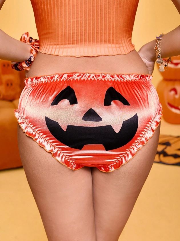 Women soft silky feel satin orange panties Halloween pumpkin knickers sizes M L