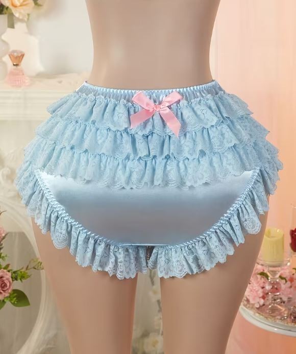 Sissy Satin Lace Frilly Knickers Ruffle Panties Bow silky feel size L UK 12-14
