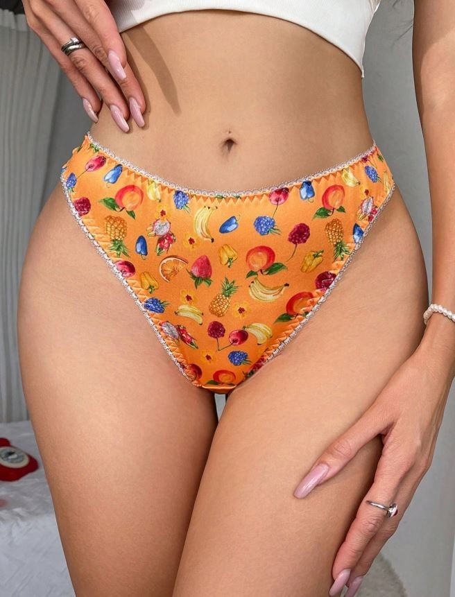 Orange soft silky feel satin panties thongs tropical fruits print size 8 (S)