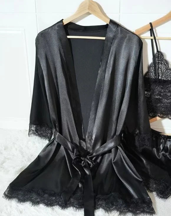 Silky feel black satin black lace trim 4 piece lingerie set size 10 (M)