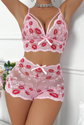 Beautiful pink 2 piece lingerie set lace lips / heart print Valentines romantic