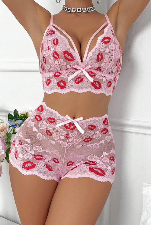 Beautiful pink 2 piece lingerie set lace lips / heart print Valentines romantic