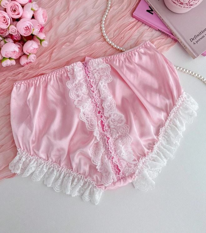 Women's pink satin knickers silky feel zip detail ruffles lace panties sissy