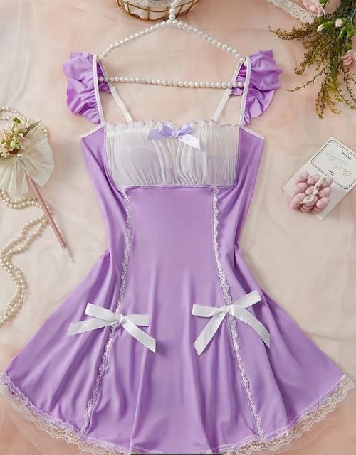 Lilac Satin Babydoll Nightdress Lace Trim Bow Chemise Lingerie size L 12-14