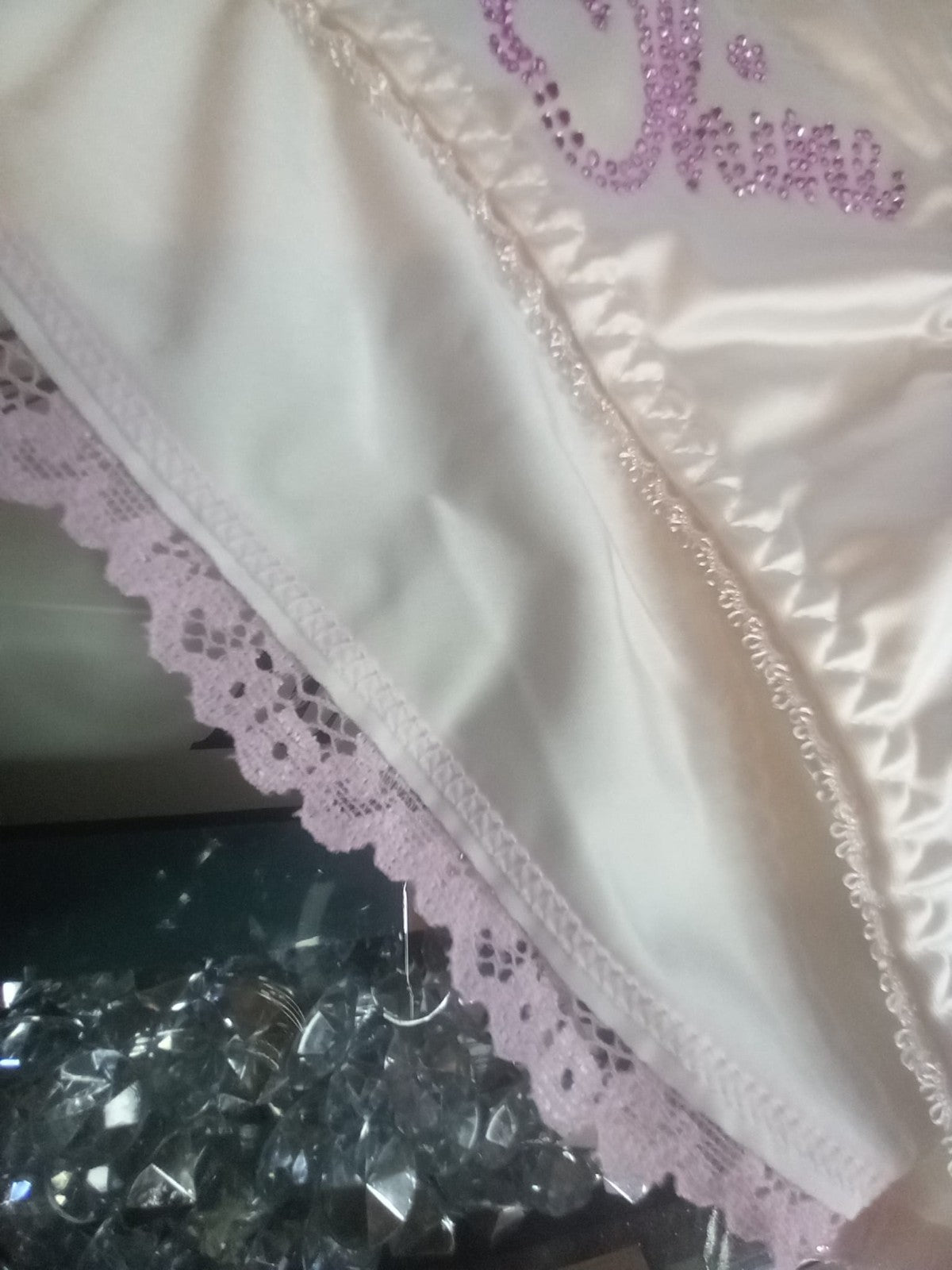 Women's white soft silky feel satin tanga panties SHINE print sissy size 10 (M)