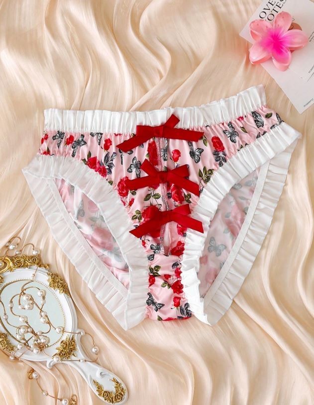 Women's floral satin glossy knickers silky feel panties ruffle trim bows sissy