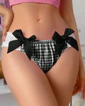 Women's black Gingham Bikini Panties Bow Lace Trim sissy unisex size L UK 12-14