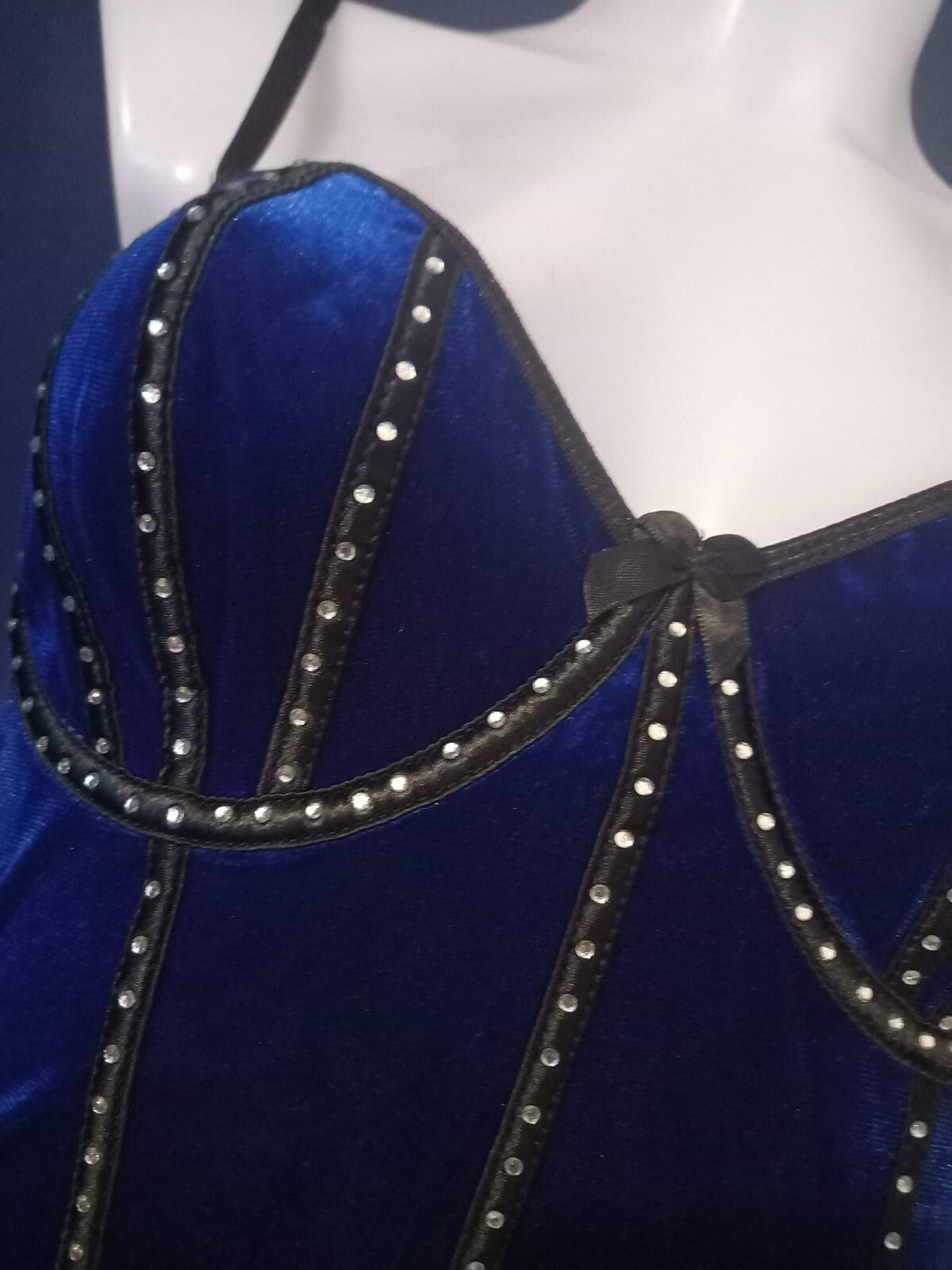 Women Royal Blue Velvet Bodysuit Studded Corset Style Adjustable Straps size 8-S