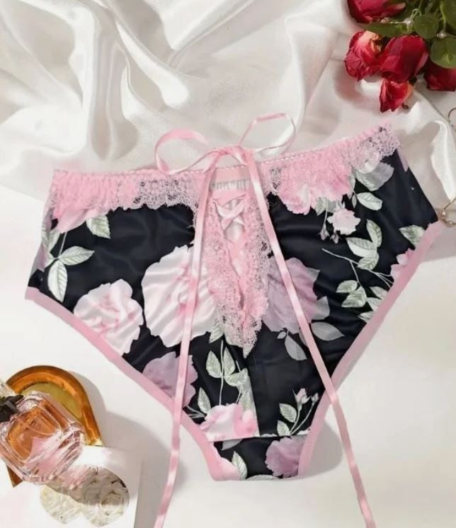 Floral Lace Up satin black Pink Trim Lingerie silky feel panties size M 10