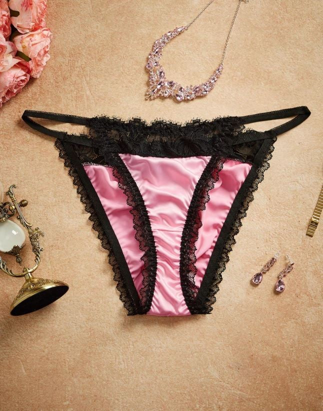 Silky feel satin panties tangas stretch pink ruched lace trim size 24 (4XL)
