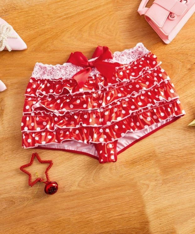 Silky feel Satin Knickers Panties red polka dot print frilly ruffles size 10/M