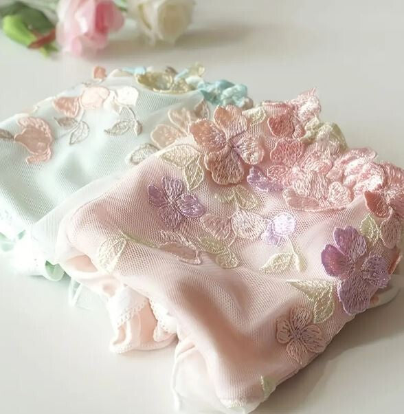 HOT! Japanese style soft silky feel satin lace tanga panties embroidered sissy