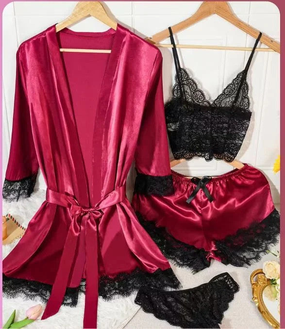 Silky feel deep red satin black lace trim 4 piece lingerie set size 12/14 (L)