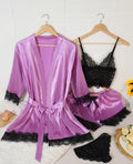 Silky feel purple satin black lace trim 4 piece lingerie set size 8 (S)