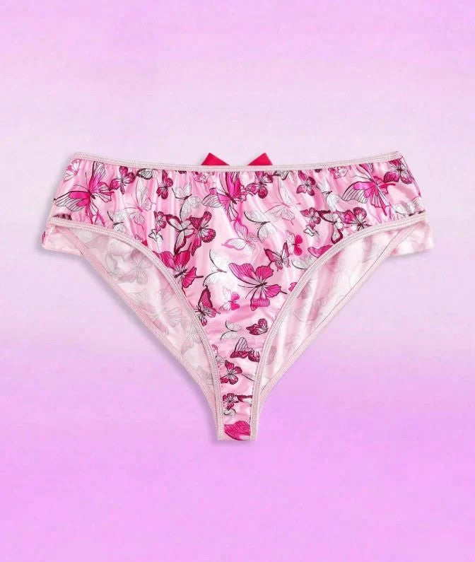 Pink silky feel satin panties knickers sissy butterflies print size 12-14 (L)