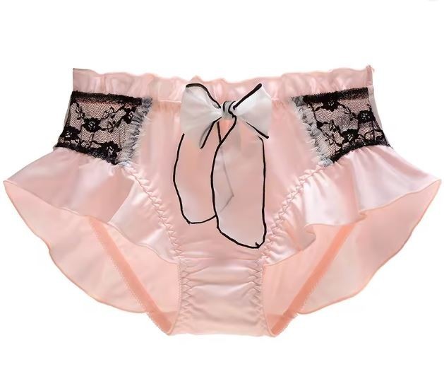 Luxury soft silky feel satin knickers panties black lace bow ruffles UK 14 / XL