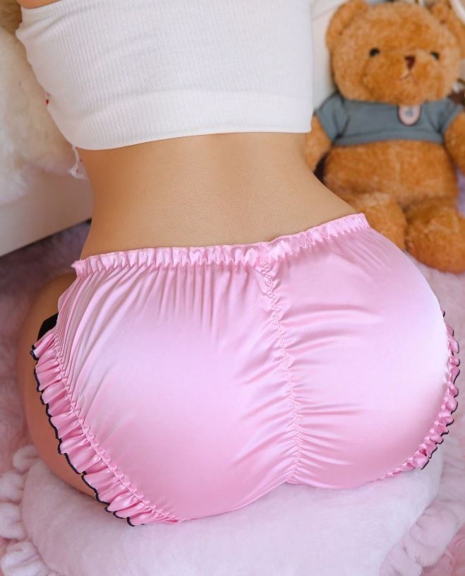 Bow Accent Ruched Back Ruffle Trim Cute Women's knickers pink silky feel satin