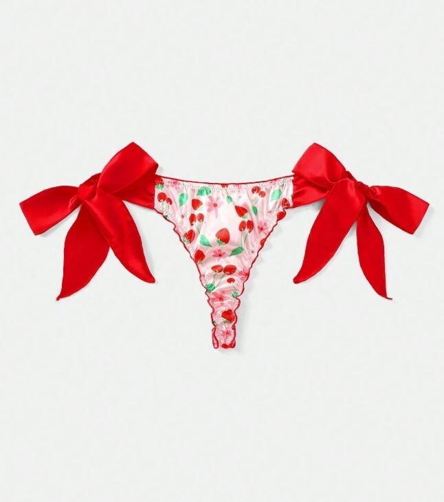 Women's stunning fruits print thongs adjustable sides silky feel soft satin