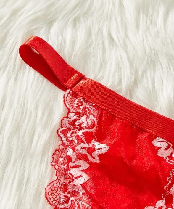 Women's red silky feel satin tanga panties knickers mesh lace sissy size 8 (S)