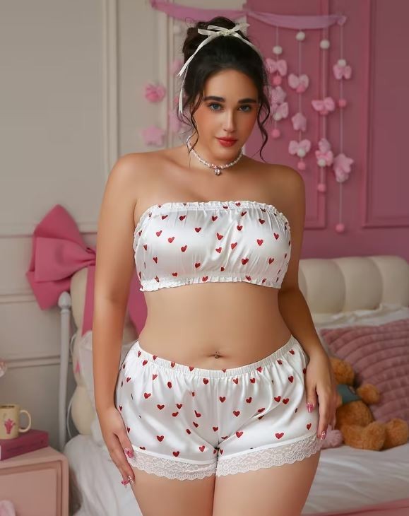 Satin Heart Print Lingerie Set Bandeau Bra Shorts Lace silky plus size 4XL 24-26