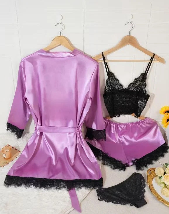 Silky feel purple satin black lace trim 4 piece lingerie set size 18-20 (2XL)